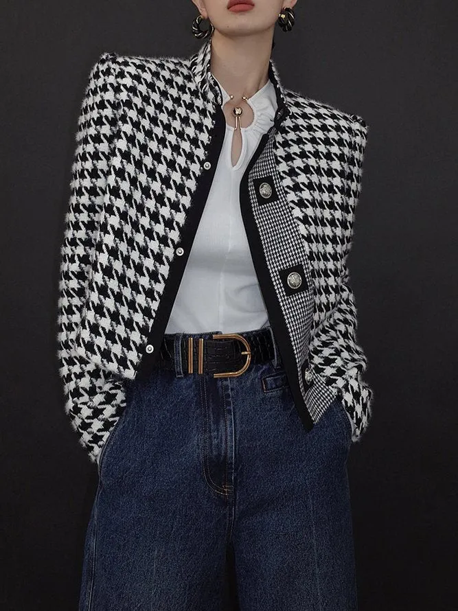 xakxx Stylish Long Sleeves Loose Houndstooth Stand Collar Jackets