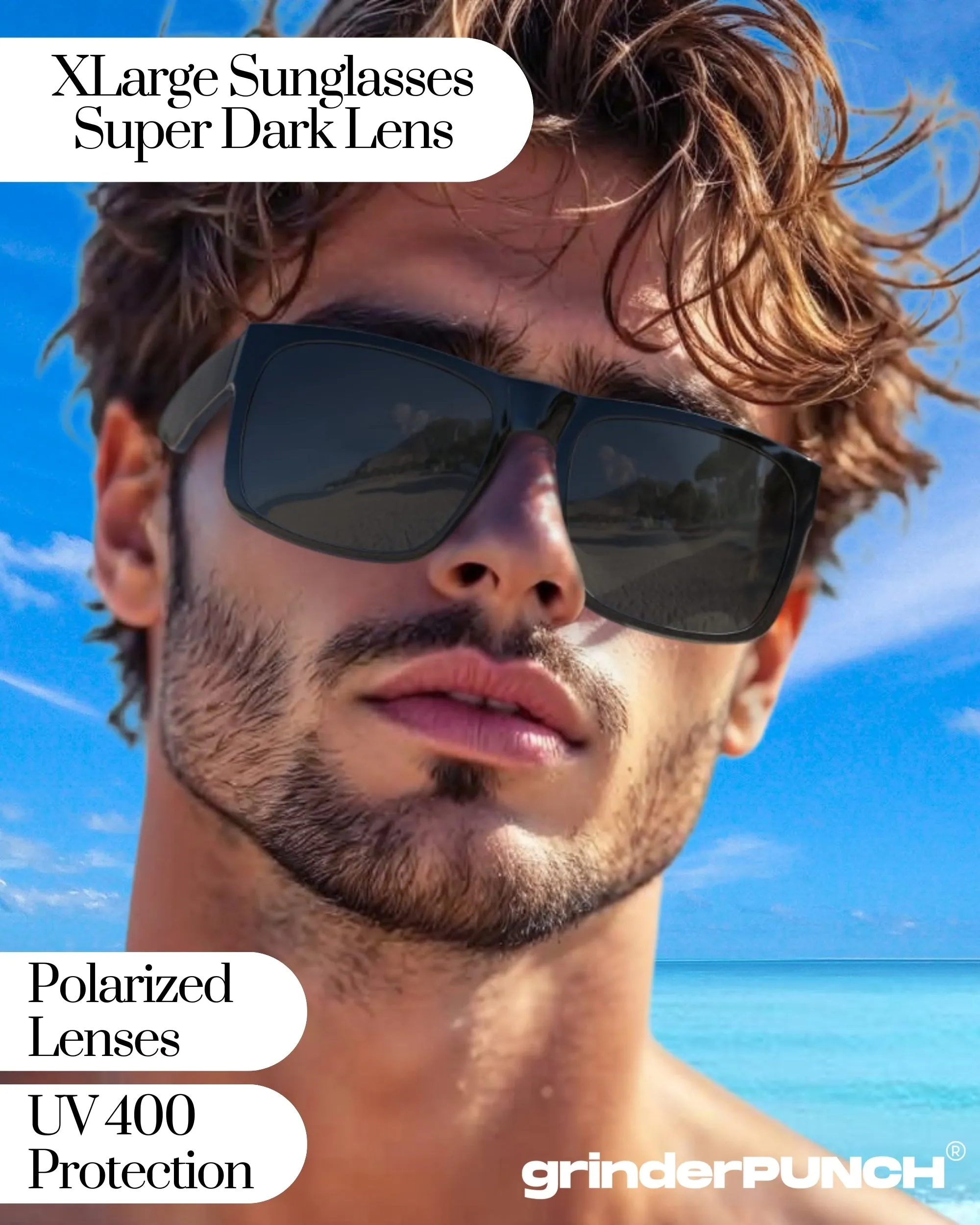 XL Square Polarized Sunglasses Big Wide Frame - Super Dark Lens