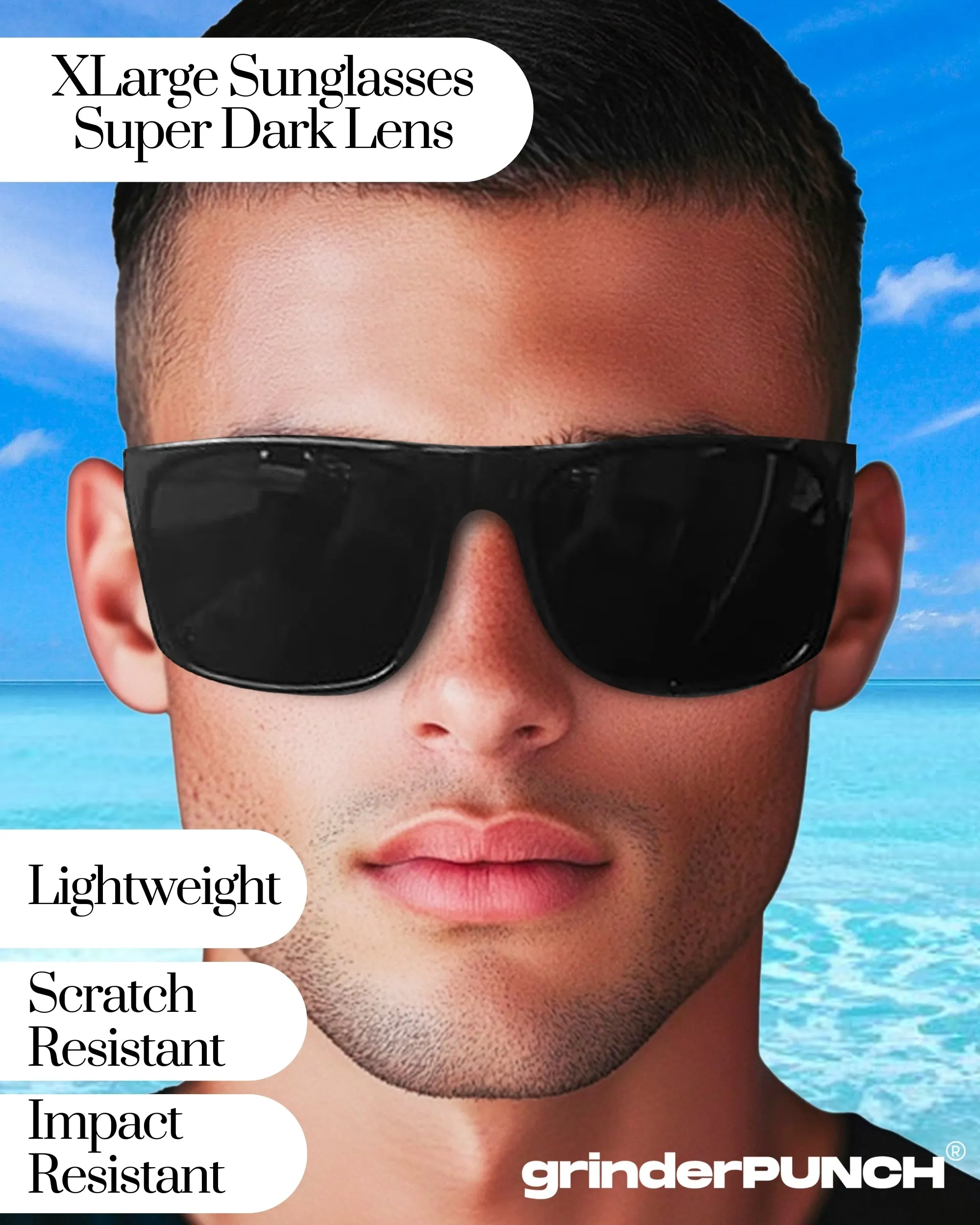 XL Square Polarized Sunglasses Big Wide Frame - Super Dark Lens