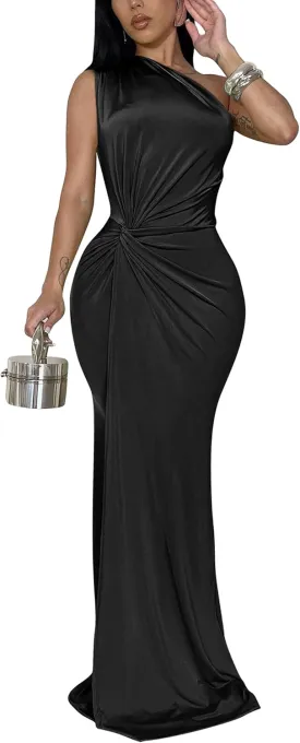 YMDUCH Women's Elegant One Shoulder Sleeveless Twist Waist Bodycon Party Long Dress