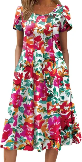 Zeagoo Womens Casual Dresses for Summer Short Sleeve Flare Midi Dress Loose Flowy Beach Sundress