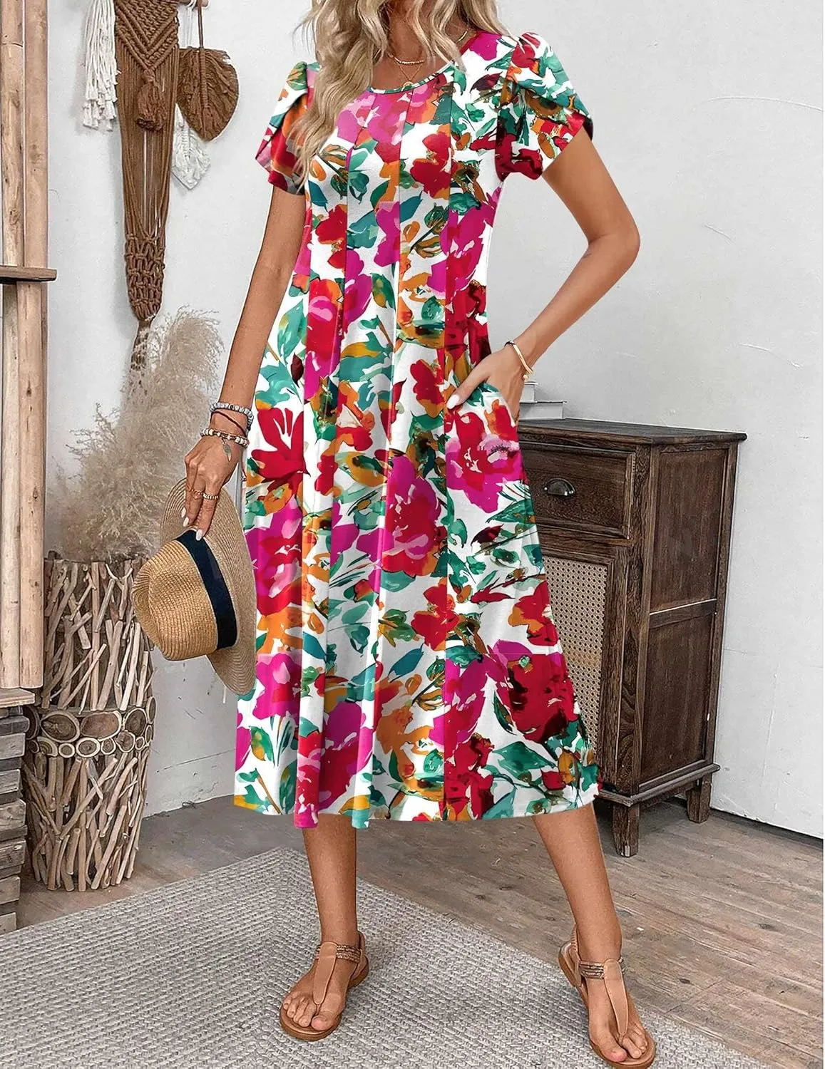 Zeagoo Womens Casual Dresses for Summer Short Sleeve Flare Midi Dress Loose Flowy Beach Sundress