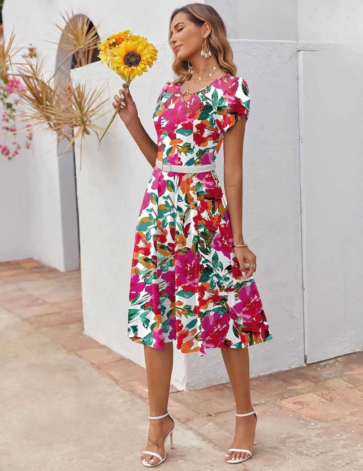 Zeagoo Womens Casual Dresses for Summer Short Sleeve Flare Midi Dress Loose Flowy Beach Sundress