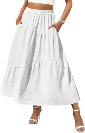 Zeagoo Women's Midi Summer 2025 Boho Elastic High Waist A-Line Flowy Swing Asymmetric Tiered Skirt Dress with Pockets
