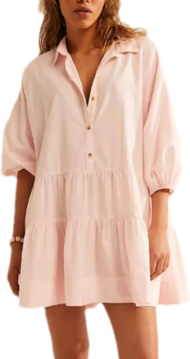 Zontroldy Women's Oversized Casual Collared Babydoll Mini Dresses Puff Sleeve A-line Tiered Shirt Tunic Dress